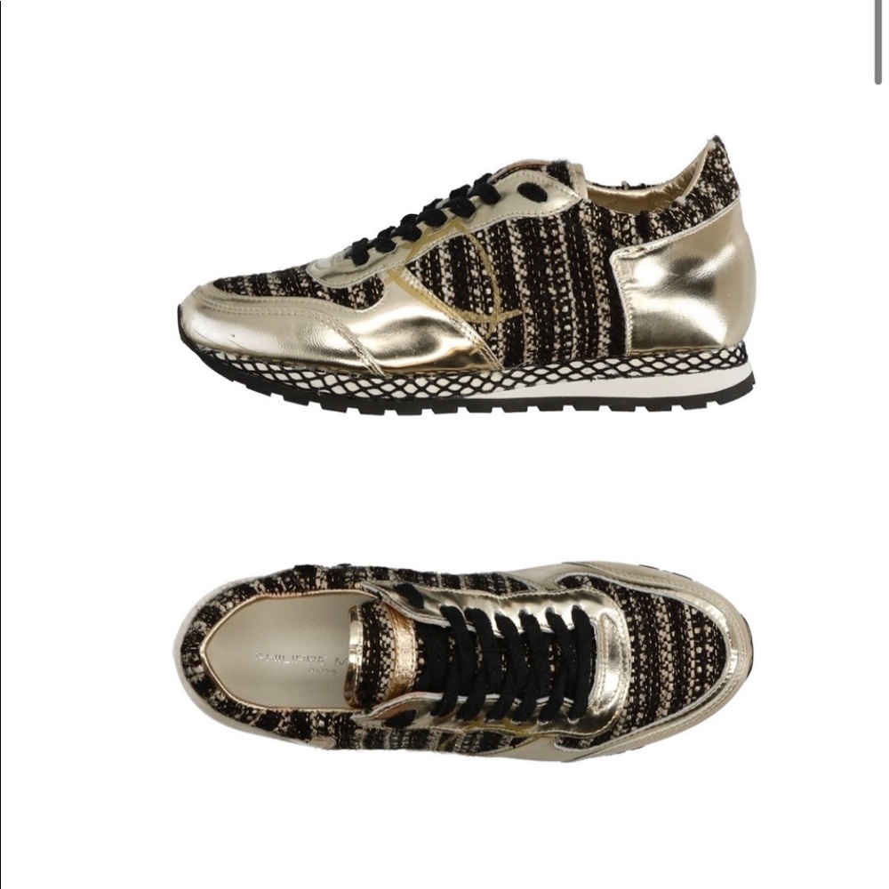 Philippe Model Paris Gold Black Metallic Leather Tweed Sneakers Italy 40 9 9.5